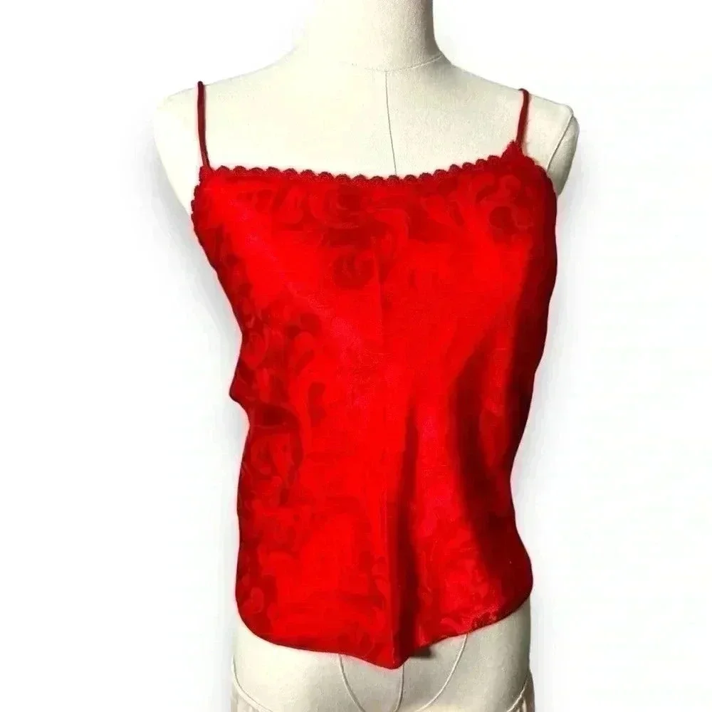 Vintage Red Nylon Paisley Cami – Coquette Y2K Slip Top Medium - Picture 2 of 5